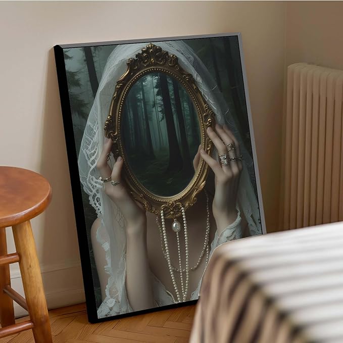 Mirror face covering dark art poster print melancholy gothic painting vintage feminine print victorian style decoration antique art12x16in Metal blackFramed