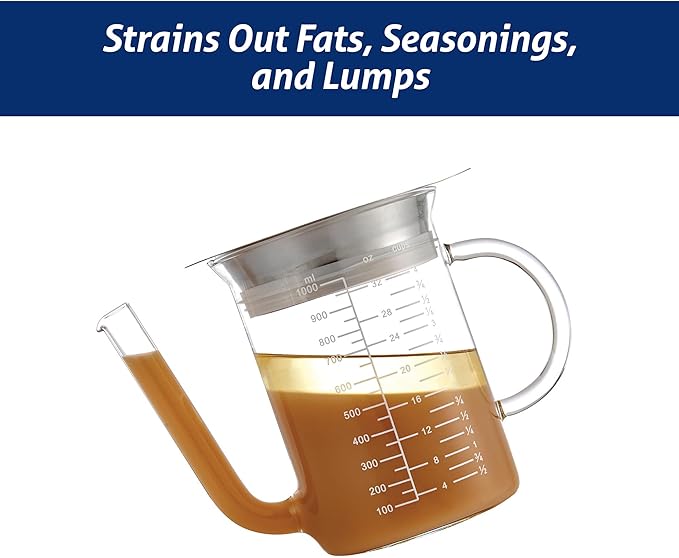 HIC Kitchen Roasting Fat Separator With Gravy Strainer, Borosilicate Glass 18/8 Stainless Steel, and Silicone, Holds 32-Ounces