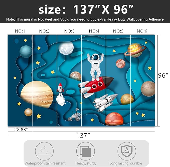'-Kindergarten Children Galactic Planet Fabric Wallpaper Living Room Bedroom Boys Girls Children Cartoon Astronauts Large Mural- 137"x96"( not Peel and Stick)