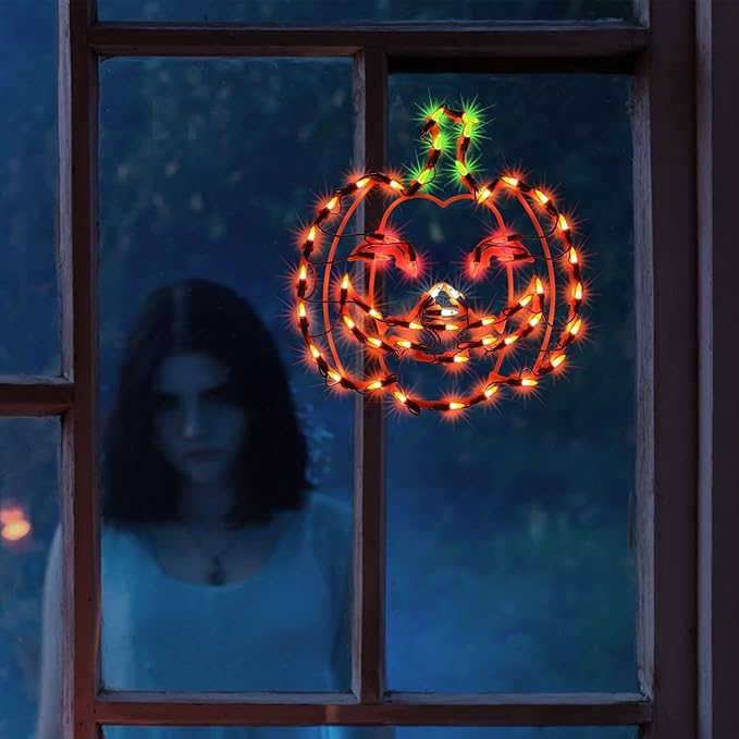 13.3" Lighted Jack-O-Lantern Halloween Window Silhouette Decoration,Halloween Lighted Window Decoration,Hanging Light Up Holiday Ornament( Pumpkin Light)