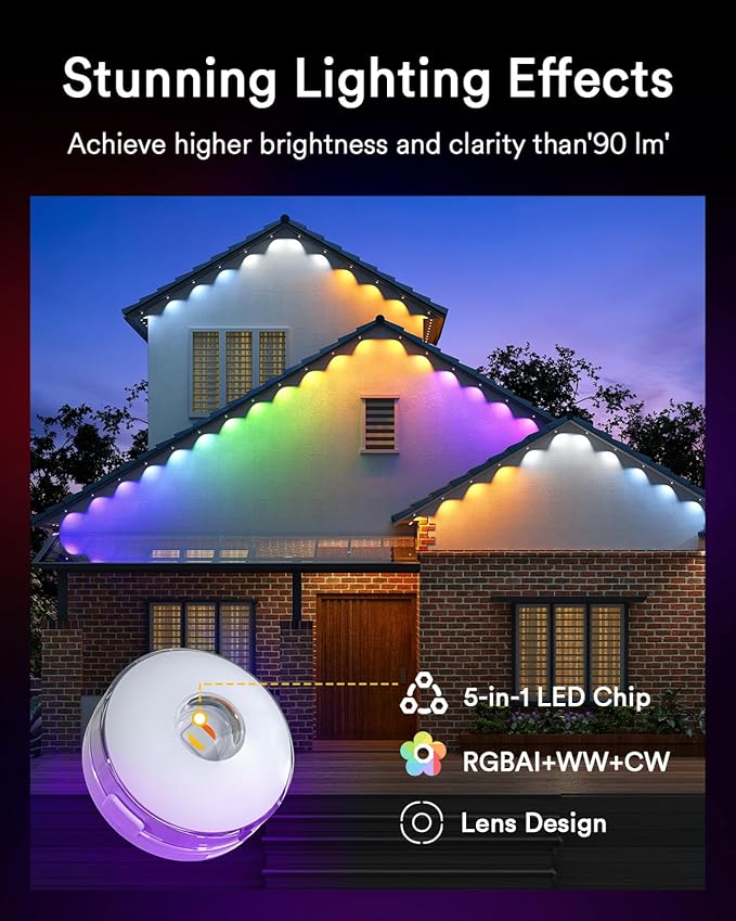 Lumary Permanent Outdoor Lights Max, 105ft with 80 LED Eave Lights 4800LM, RGBAICW Smart Outdoor Lighting IP67 Waterproof, Scene Modes for Daily and Accent Lighting, Works with Alexa/Google Assistant