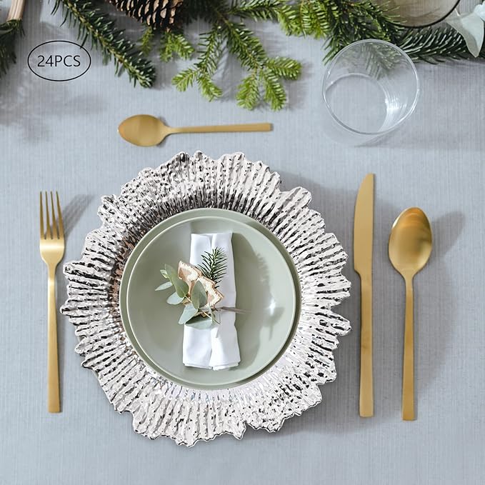 Antique Charger Plates Set 13'' Round Embossed Dinner Plate Chargers Plastic Elegant Floral Plates for Dinner Wedding Party Event Table Kitchen Decoration 100PCS (Silver 24Pcs)