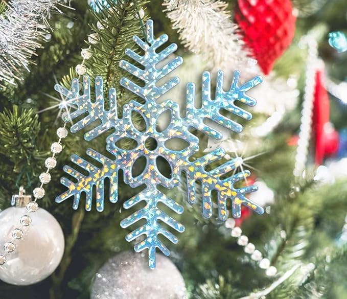 12pcs Large Iridescent Snowflakes Christmas Ornaments-12 Big Plastic Glitter Hanging Snow Flakes for Christmas Tree Decorations Winter Indoor Outdoor Window Home Decor Giant Craft Snowflakes