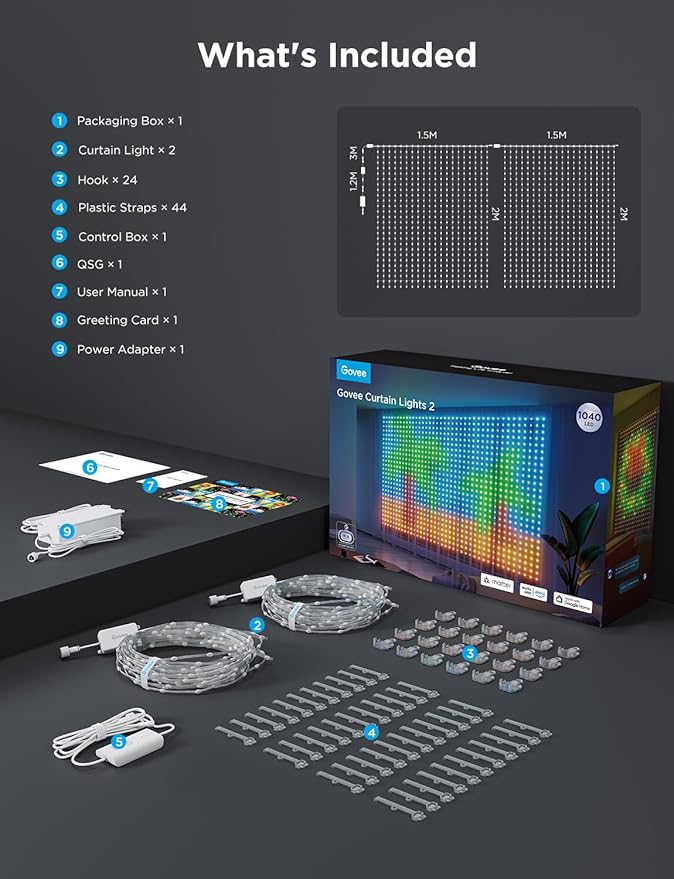 Govee Curtain Lights 2, Smart LED Curtain Light with DIY GIF AIGC, 1040 LEDs, RGBIC Color Changing Christmas Lights for Holiday Bedroom Window Dynamic Decor, Outdoor IP65 Waterproof, 9.8×6.6ft