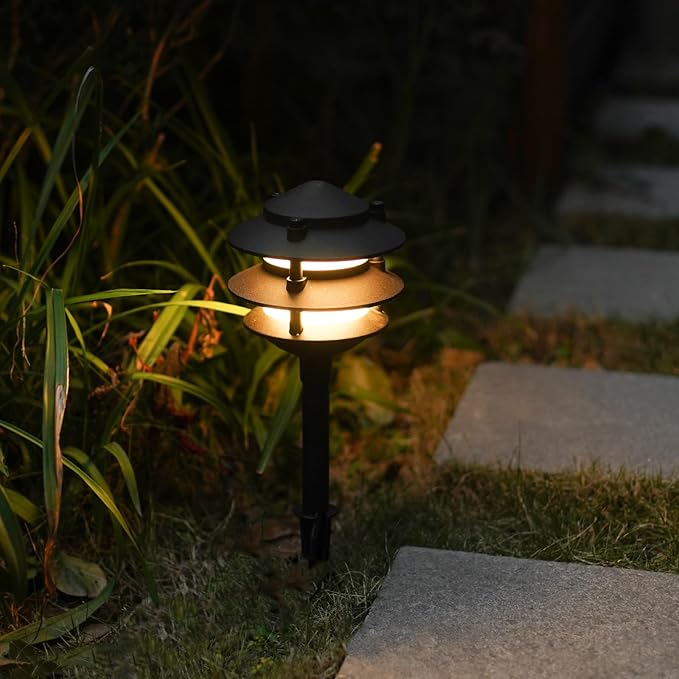 GOODSMANN Landscape Lighting 8PK Pathway Lights Low Voltage 2.2 Watt LED 12V AC Landscape Lights 30 Lumen Warm White with Cable Connectors Metal Stakes 9122-21102-08A