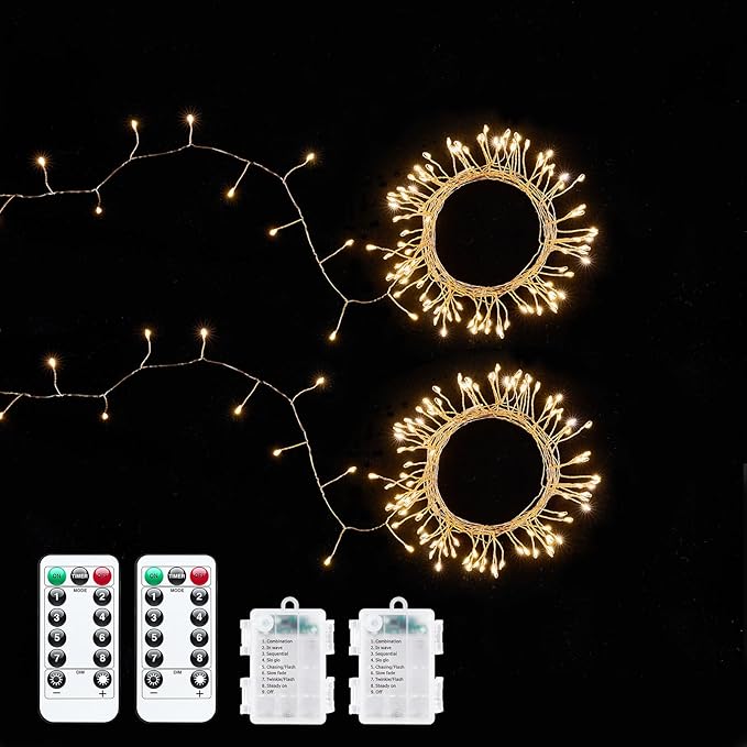 2 Pack Fairy Lights Battery Operated, 5Ft 60 LEDs Firecracker Twinkle Lights with Remote, Copper Wire String Lights for Bedroom Wedding Wreath Meson Jar Indoor Outdoor Decoration, Warm White