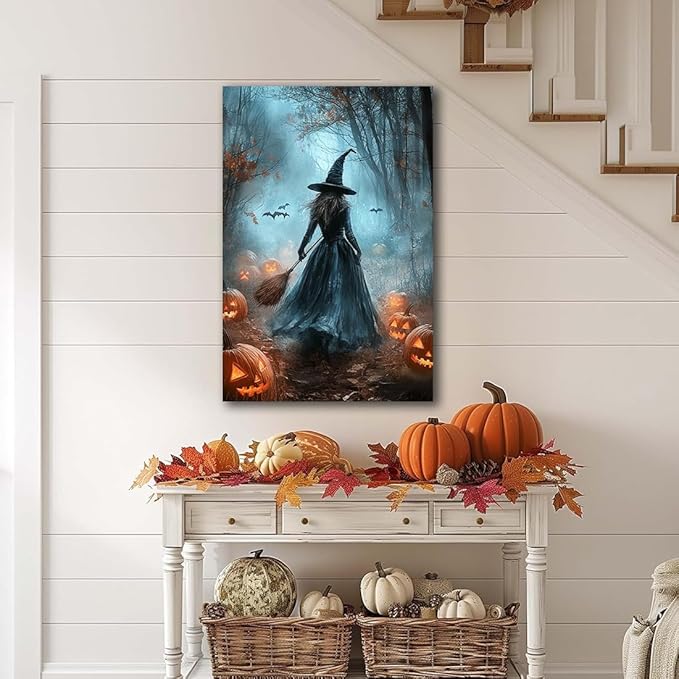Vintage Moody Halloween Witch Artwork Wall Decor,Spooky Halloween Gothic Canvas Artwork Creepy Horror Witch with A Broom Pumpkin Bats Rustic Forest Picture,Dark Academia Poster,20"x30" Framed