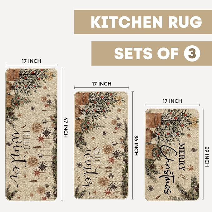 Artoid Mode Holly Ornament Merry Christmas Kitchen Mats Set of 2, Winter Home Decor Low-Profile Kitchen Rugs for Floor - 17"x29"+17"x36"+17"x47"