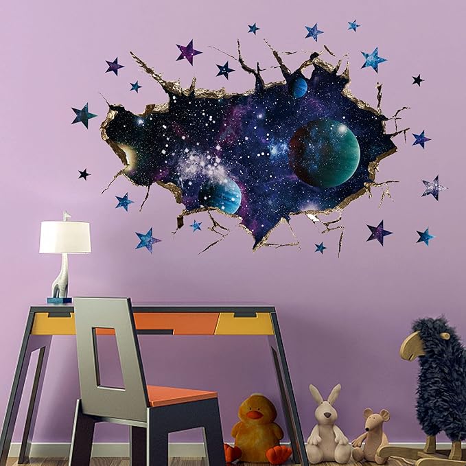 3D Space Galaxy Wall Decor Stickers, Removable Broken Outer Space Planet Waterproof Vinyl Floor Decals, 3D Art Magic Wall Mural Decals for Bedroom Living Room Home Wall Decor