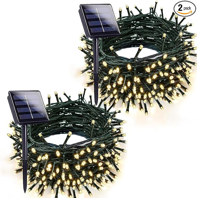 Warm White Solar Christmas Lights Outdoor Decorations Waterproof, Tatal 2 Pack 200LED 66FT Solar String Lights Green Wire with 8 Modes, Christmas Fairy Light for Xmas Tree Party Wedding Garden Decor