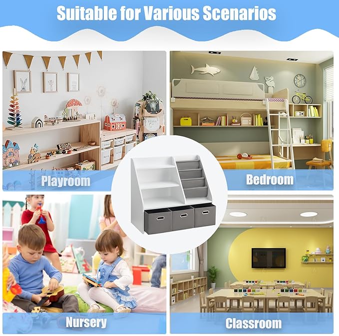 Wood Kids Bookshelf, Toy Organizer with Bookshelf, Montessori Toy Shelf W/Sling Rack & Fabric Toy Bins, Toy Storage Organizer for Toddler Children, Wooden Book Shelf for Kids Room Playroom