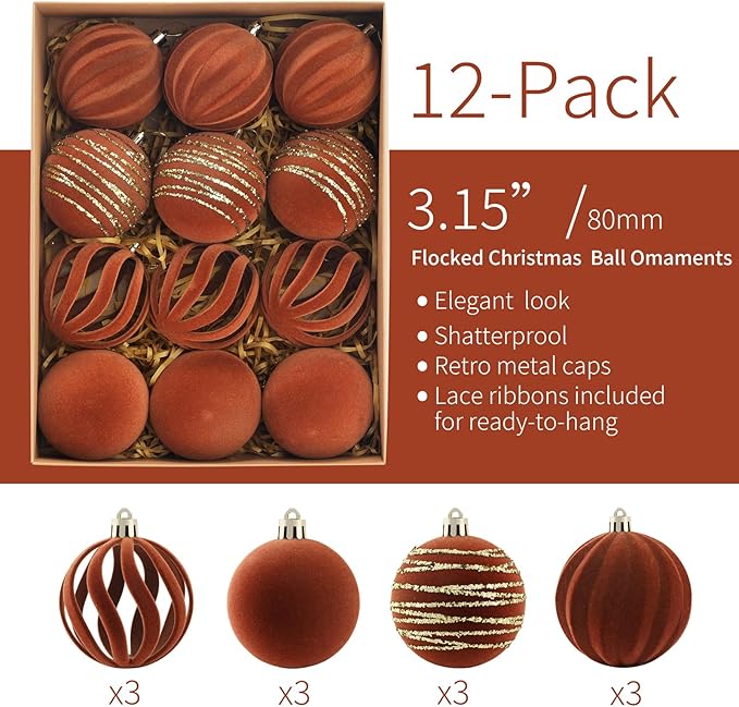 Christmas Ornaments Set of 12, 3.15" Flocked Velvet Balls with Hand Painted Designs, Brown Elegant Christmas Tree Decorations in Gift Box