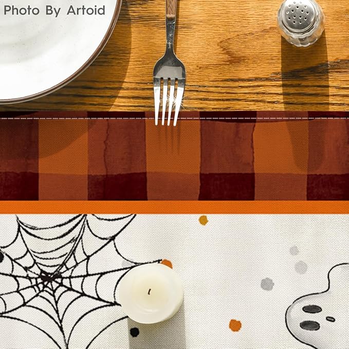 Artoid Mode Orange Black Buffalo Plaid Gnome Bat Pumpkin Ghost Halloween Table Runner, Sensonal Kitchen Dining Table Decor for Home Party 13 x 72 Inch