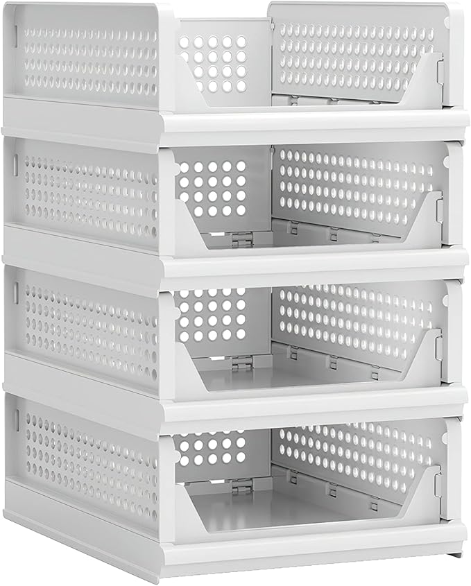 4 Pack Stackable Plastic Storage Basket Closet Organizer Bin Foldable Clothes Organizer Storage Drawer Shelf Container for Living Room Bathroom Kitchen Office (4S)