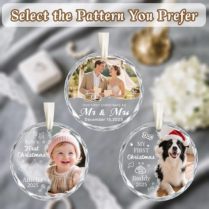 First Christmas Ornament 2025, Personalized Christmas Photo Crystal Glass Ornaments with Name or Date, Personalized Christmas Tree Decor Gifts for Family, Pet, Baby,or Newlyweds