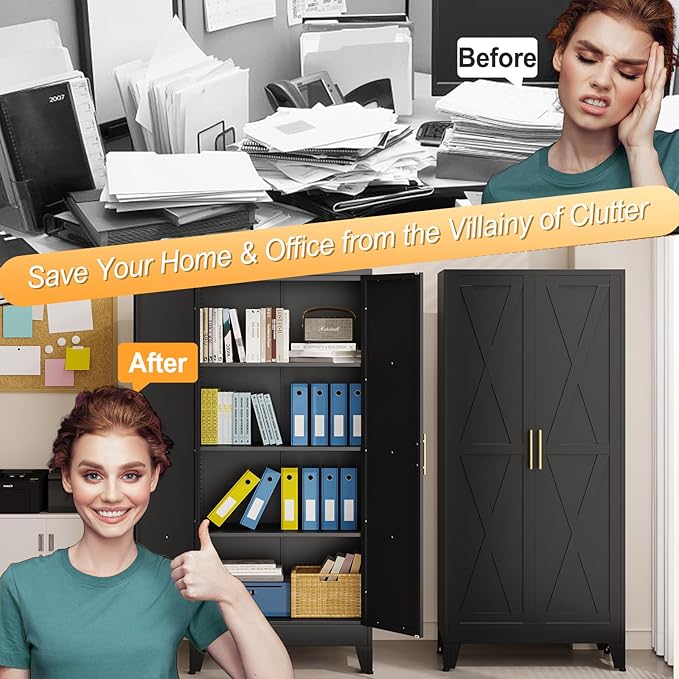 61" H Metal Kitchen Pantry Storage Cabinet, Freestanding Cupboard with 2 Doors and 3 Adjustable Shelves, Standing Storage for Kitchen, Bathroom, Garage, Dinning Room or Utility Room(Black)