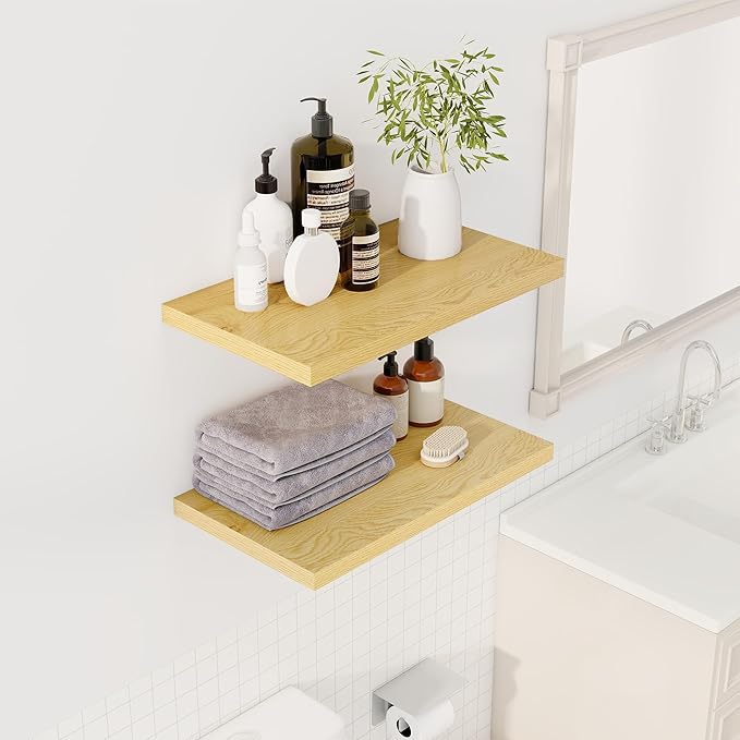 24" Floating Shelves for Wall, 12" Deep Slim Oak Floating Shelves, Wall-Mounted Shelves for Bedroom, Living Room, Kitchen, Bathroom - Set of 2