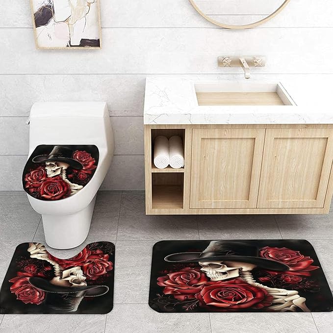 NEWSUYAA Halloween Decorations Shower Curtain Set with Non-Slip Rugs and Bath Mats,Black Skull Skeleton Bathtub Curtains with 12 Hooks,All Saints'Day (Nov 1st) Bathroom Decor