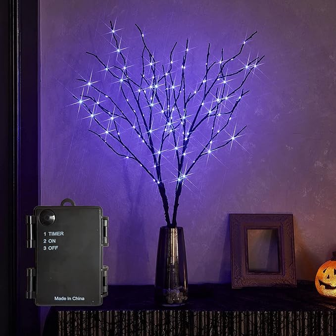 Fudios Halloween Lighted Branches with Timer 100 LED Purple Fairy Lights 32IN, Artificial Black Branch Lights for Halloween Battery Operated Home Decor Indoor Outdoor Use