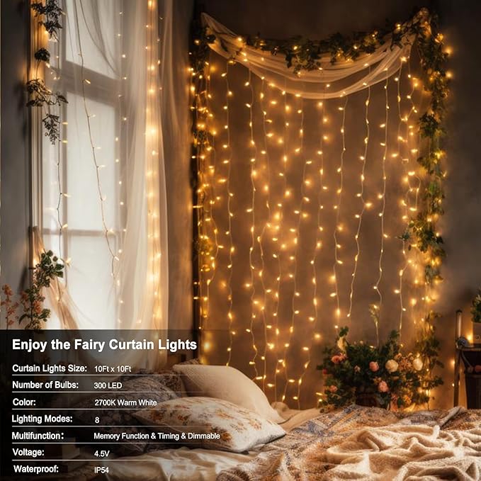 echosari 300 LED Curtain Lights Battery Operated, 9.8ft×9.8ft Hanging Light with Remote Timer Fairy Curtain Lights for Bedroom Patio Wedding Backdrop Party Decór (Warm White)