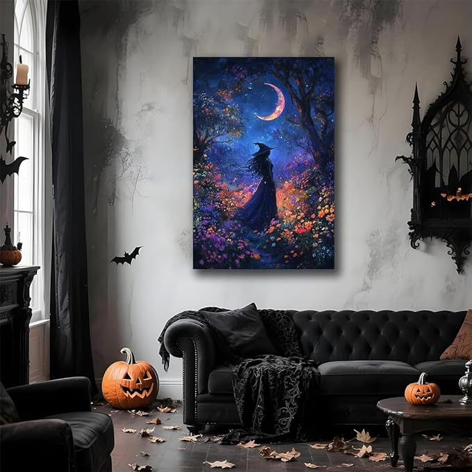 Vintage Halloween Witch Decor Mystic Gothic Wall Art Poster,Enchanting Witch Fall Whimsical Wildflowers Woodland Forest Crescent Moon Picture Art,Creepy Witchy Home Decor,16"x24" Framed