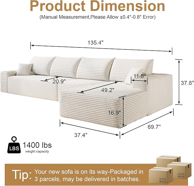 136" Sectional Couches for Living Room Modern Modular Sofa with L-Shape Couchs Upholstered Boneless Couch Deep Seat Sectional Couch with Chaise (White, Right Facing Chaise+3Seaters)