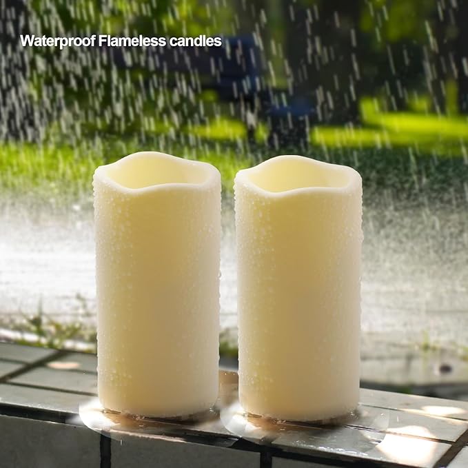 12PACK Outdoor Plastic flameless Candles with Remote Control and Timer, LED Flickering Battery Operated Electric Pillar Candles (D3 xH5.5) for Camping, Weddings, Home Decoration