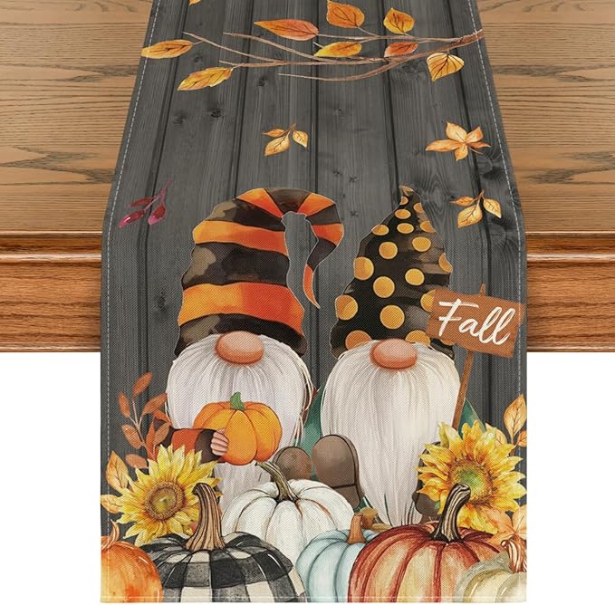 Artoid Mode Fall Gnomes Pumpkins Sunflower Maple Leaves Thanksgiving Table Runner, Seasonal Harvest Vintage Kitchen Dining Table Decoration for Indoor Outdoor Home Party Decor 13 x 72 Inch