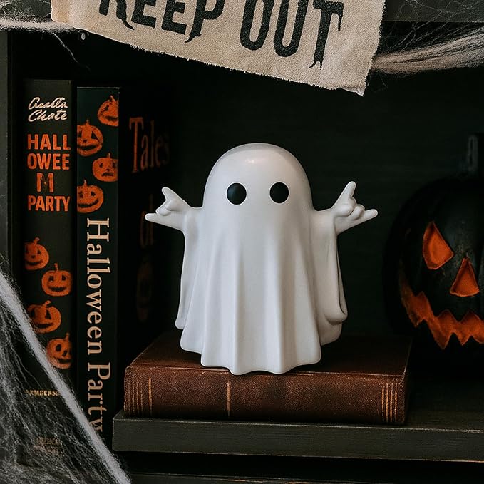 Halloween Ghost Figurine Halloween Desk Ornaments Funny Gestures Spooky Ghost Statue Cartoon Cute Mini Resin Spooky Ornaments for Holiday Home and Office Decorations