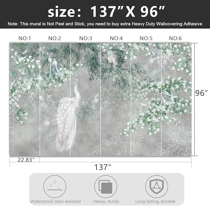 '-Green Leaf Botanical Peacock Fabric Wallpaper Wallpaper Living Room Bedroom Bathroom Grey Plant Large Wall Mural- 137"x96"( not Peel and Stick)