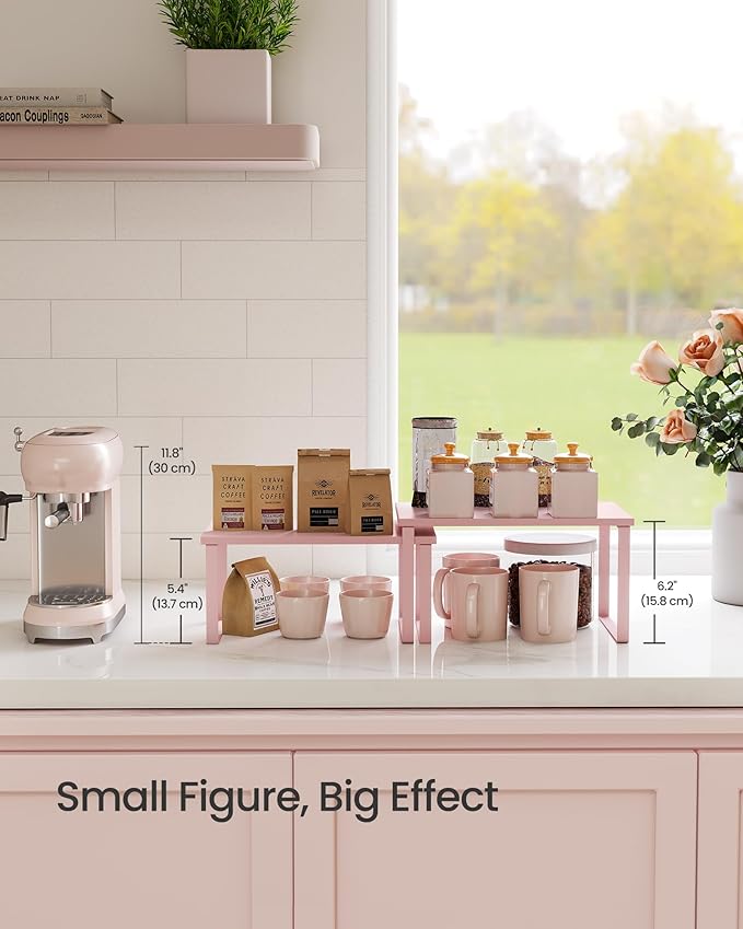 SONGMICS Cabinet Organizer Shelf, Set of 2 Kitchen Counter Shelves, Kitchen Storage, Spice Rack, Stackable, Expandable, Metal and Engineered Wood, Jelly Pink UKCS020S01