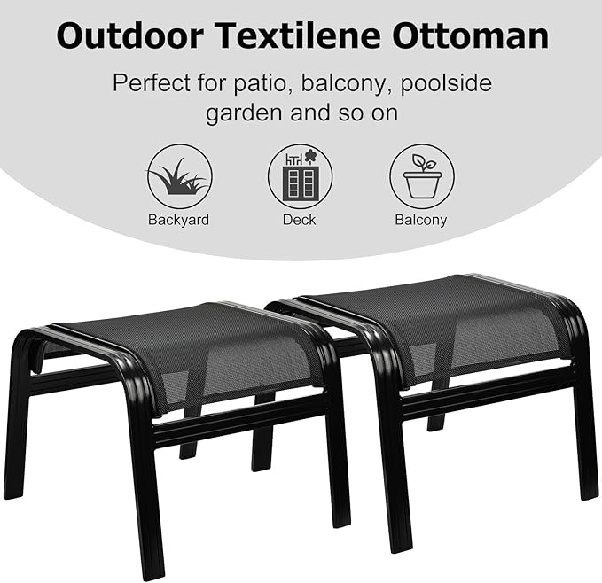 Patio Footstools Outdoor Foot Rest Aluminum Patio Ottomans Portable Seat Wicker Furniture Stackable Ottoman 2 Pieces Black