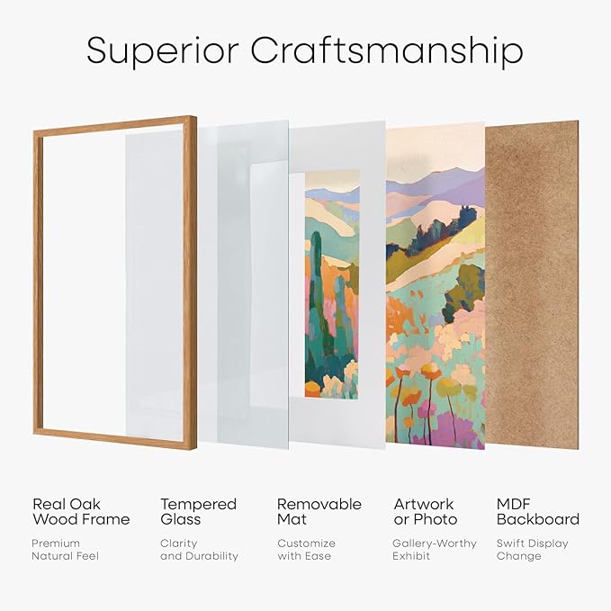 Homeforia A5 Wood Picture Frame, High-End Natural Oak 5.8x8.3 Frame Matted to 4.1x5.8 inch Photo, A5 Size Wooden Frames with Mat A6 for Art, 5.8 x 8.3 Poster Frames, Tempered Glass, Wall Kit, Set of 1