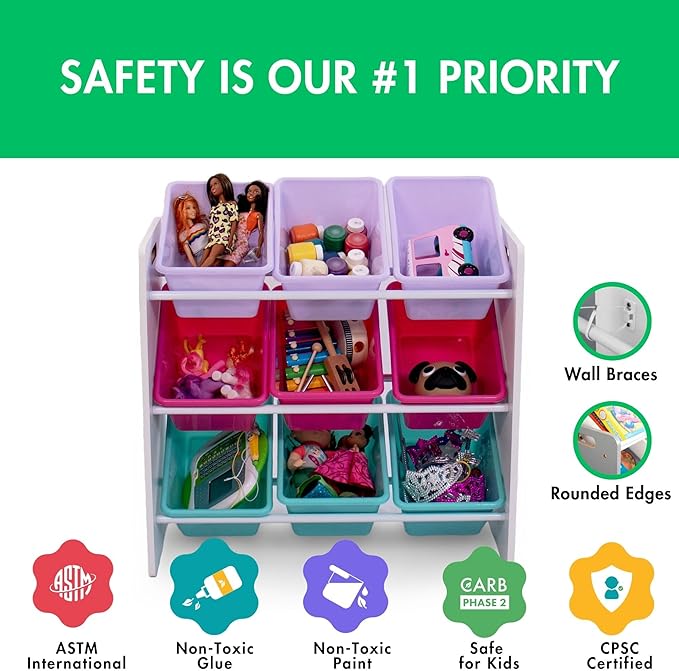 Humble Crew 9-Bin Toy Organizer – Forever Natural White/Pink/Purple/Aqua Plastic Bins, 3-Tier Storage Solution for Kids' Playrooms and Nurseries