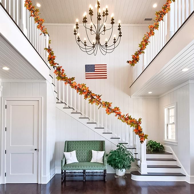 2 Pack Fall Maple Leaf Garland Clearance - 6.5ft/Piece Artificial Foliage Garland Autumn Hanging Fall Leave Vines for Indoor Outdoor Wedding Thanksgiving Dinner Party Decor