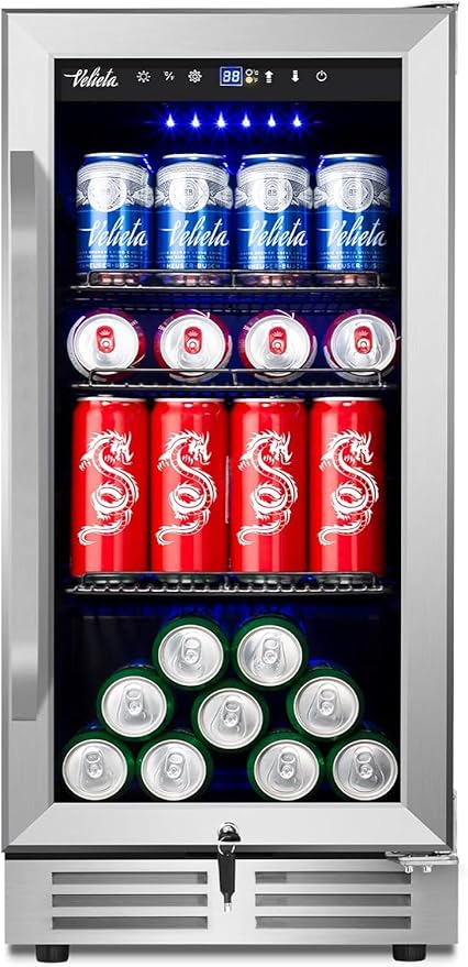 15'' Beverage Refrigerator and Beer Fridge Under Counter Built-in or Freestanding,127 Cans Beverage Cooler with Glass Door and Lock for Bottles and Cans Beer/Soda/Water/Wine