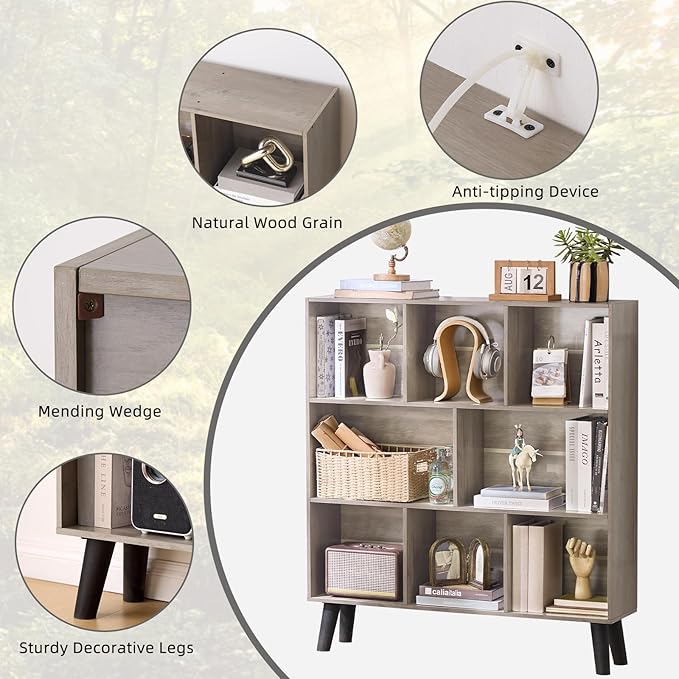 LEYAOYAO 8 Cube Bookshelf,3 Tier Bookcase with Legs,Modern Grey Mid-Century Bookshelves,Large Farmhouse Open Storage Organizer Shelf, Retro Wooden Display Book Case for Bedroom,Living Room,Office