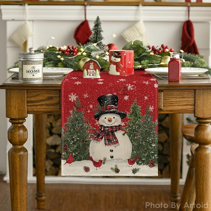 Artoid Mode Snowman Christmas Birds Trees Table Runner, Seasonal Winter Xmas Holiday Kitchen Dining Table Decoration for Indoor Outdoor Home Party Decor 13 x 120 Inch