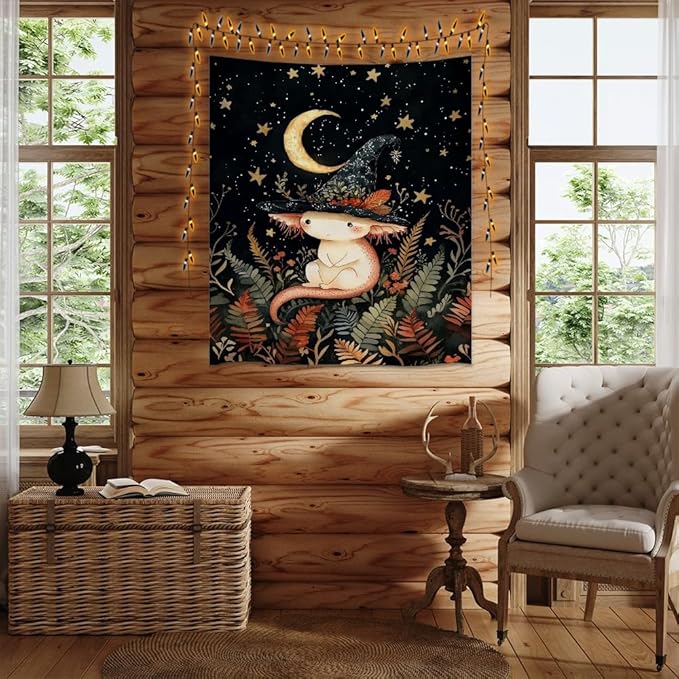 Whimsical Witch Tapestry Wall Hanging Decor Cute Axolotl Tapestry Magical Moon Animal Nursery Decoration Halloween Tapestries wall art for Home Kids Bedroom Living Room 40x60inch