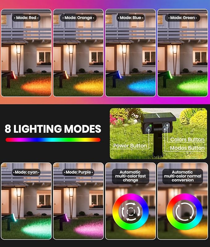 Solar Spot Lights Outdoor 2-Pack Multicolor IP65 Waterproof RGB - 6 Colors, 2 Modes, 105ยฐ Adjustable 58 LED Flood Lights, Solar Powered Spotlights for Yard, Garden, House & Landscape Lighting Outside