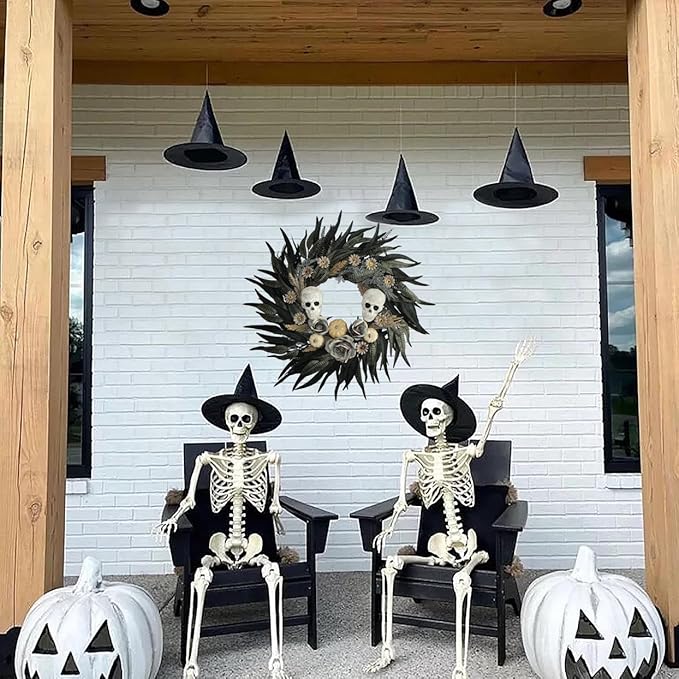 24" Snakeskin Leaves Halloween Wreaths for Front Door with Skulls Flowers and Pumpkins - Gothic Party Black Halloween Porch Wall Door Decor