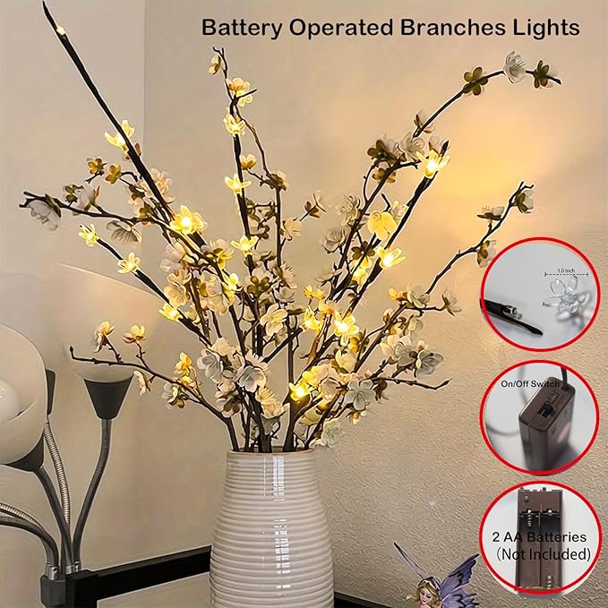 3Pack Battery Lighted Cherry Blossom Branches Lights with Clear Plastic Bag for Hanging Decor, 27.5inch 60 LED Flower Lamp Twig Sticks for Vase Filler of Home Christmas Valentines Day Decoration