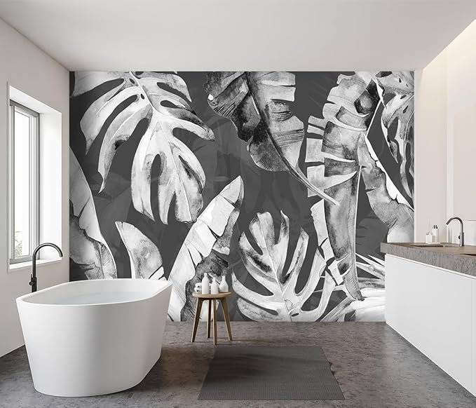 '-Tropical Botanical Grey Banana Leaf Fabric Wallpaper Living Room Bedroom Bathroom Plant Large Wall Mural- 137"x96"( not Peel and Stick)