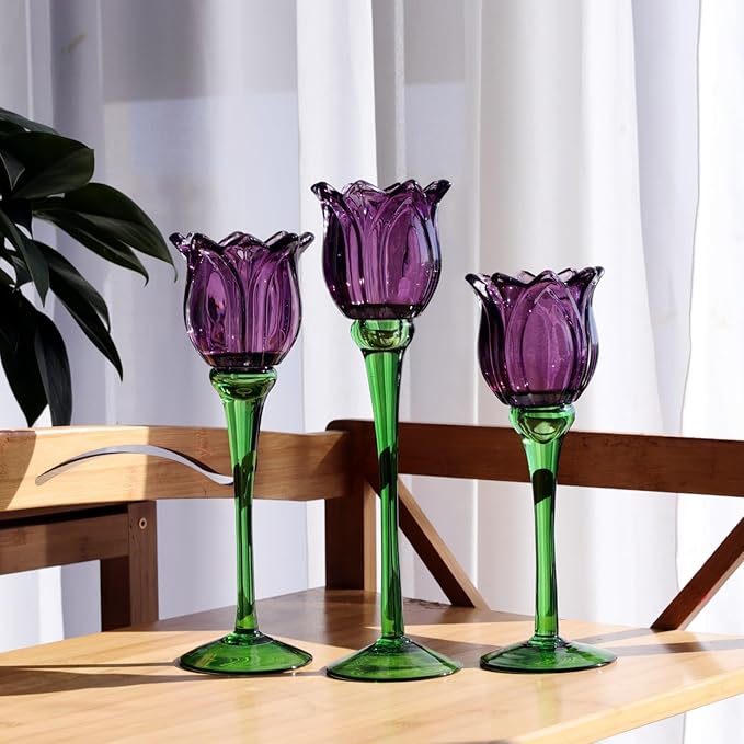 VOHO 6pcs Purple Tulips Candle Holders Gifts for Halloween, Thanksgiving, Easter, Elegant Purple Tealight Candle Holder for Modern Room Decor, Glass Tulip-Like Tea Lights Holder Wedding Holiday Table