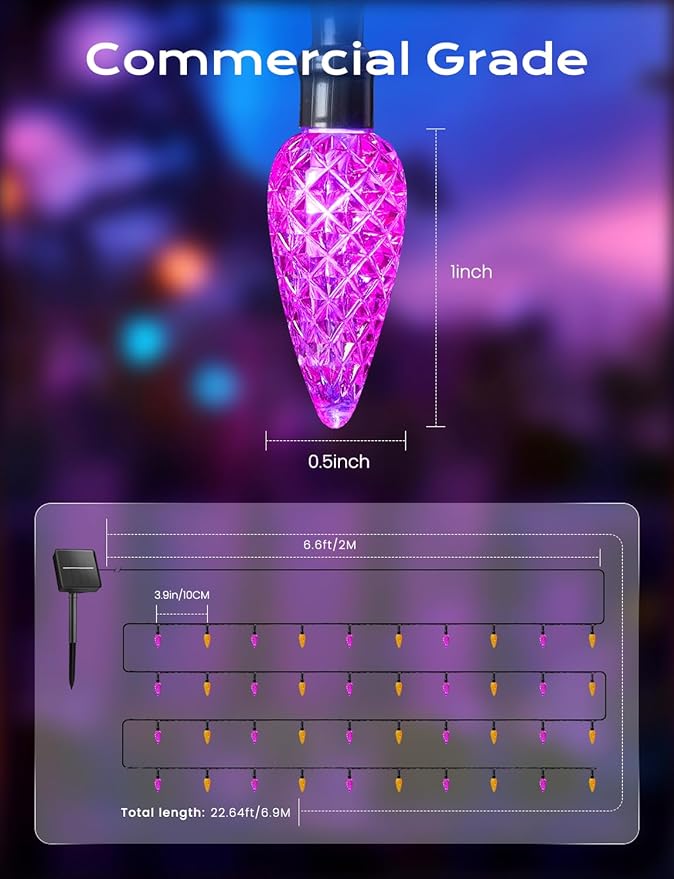 Brightown Solar Operated C6 Halloween Outdoor Lights, 22.64ft 50 LEDs Orange Purple Halloween Lights, Strawberry LED Fairy Lights, Solar Waterproof String Light for Tree, Garden Decor Outdoor