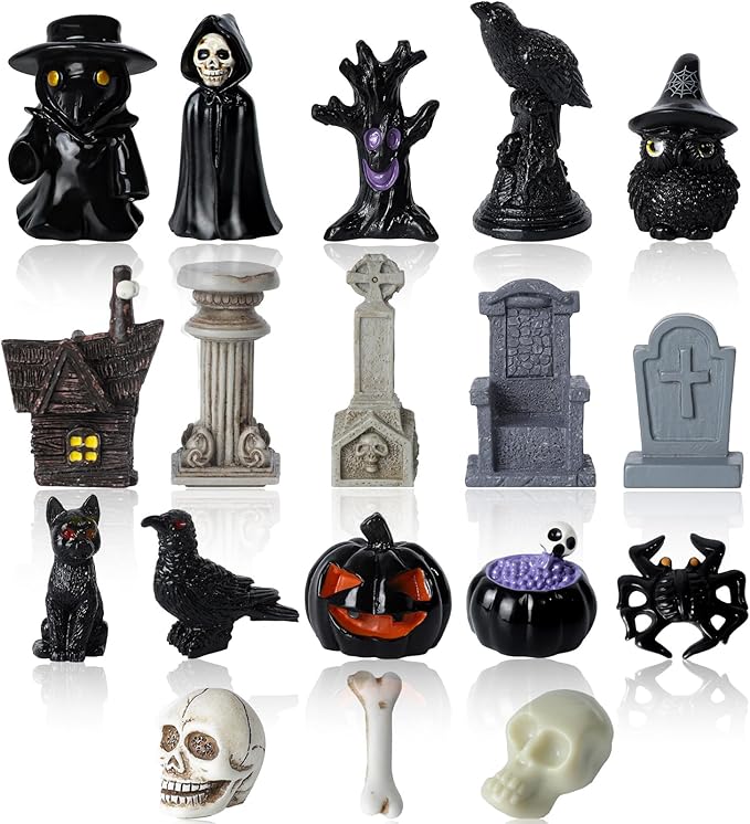40Pcs Halloween Miniatures for Crafts Mini Figurines Skull Heads Resin Tombstones Skeleton Ornaments Halloween Fairy Garden Decor Horror Village Collections Dollhouse Accessories Decor 