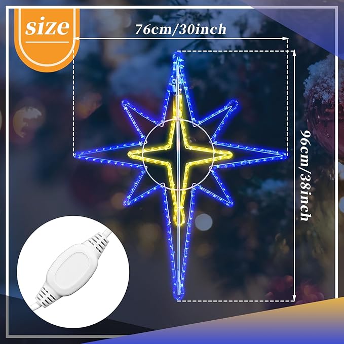 36'' Christmas Star of Bethlehem LED Star Hanging Lights Nativity Holy Family Light for Door Window Porch Wall Decoration Plug Operated Lighted Hanging Tree Topper(Blue, Warm Light)