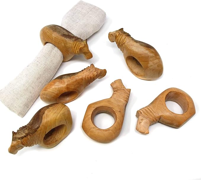 Handcarved Mahogany Wooden Napkin Ring Holders, Lion, Set of 6 (KWF012_L)