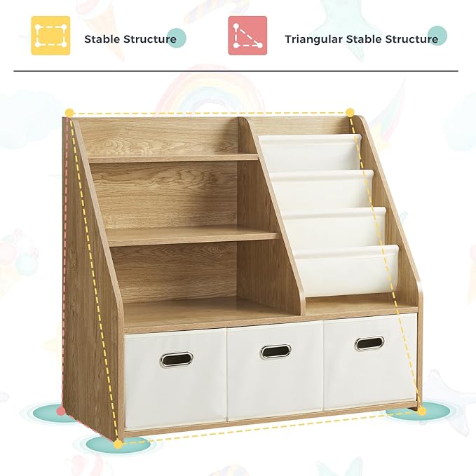 Kids Bookshelf, Kids Toy Storage Organizer with Storage Bins, Wooden Bookshelf and Book Display Shelf for Bedroom, Playroom, Nursery, Classroom, Teak Color