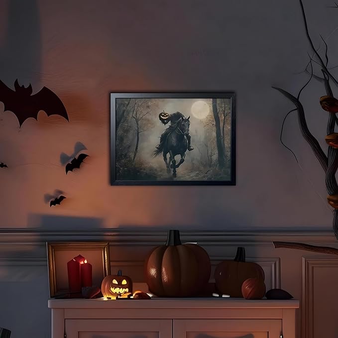 Black Wood Framed Halloween Canvas Wall Art Painting, Headless knight holding a pumpkin lantern Wall Decor, Vintage Dark Academia Gothic Poster Print, for Living Room Bedroom Office Decor 12x16 Inch